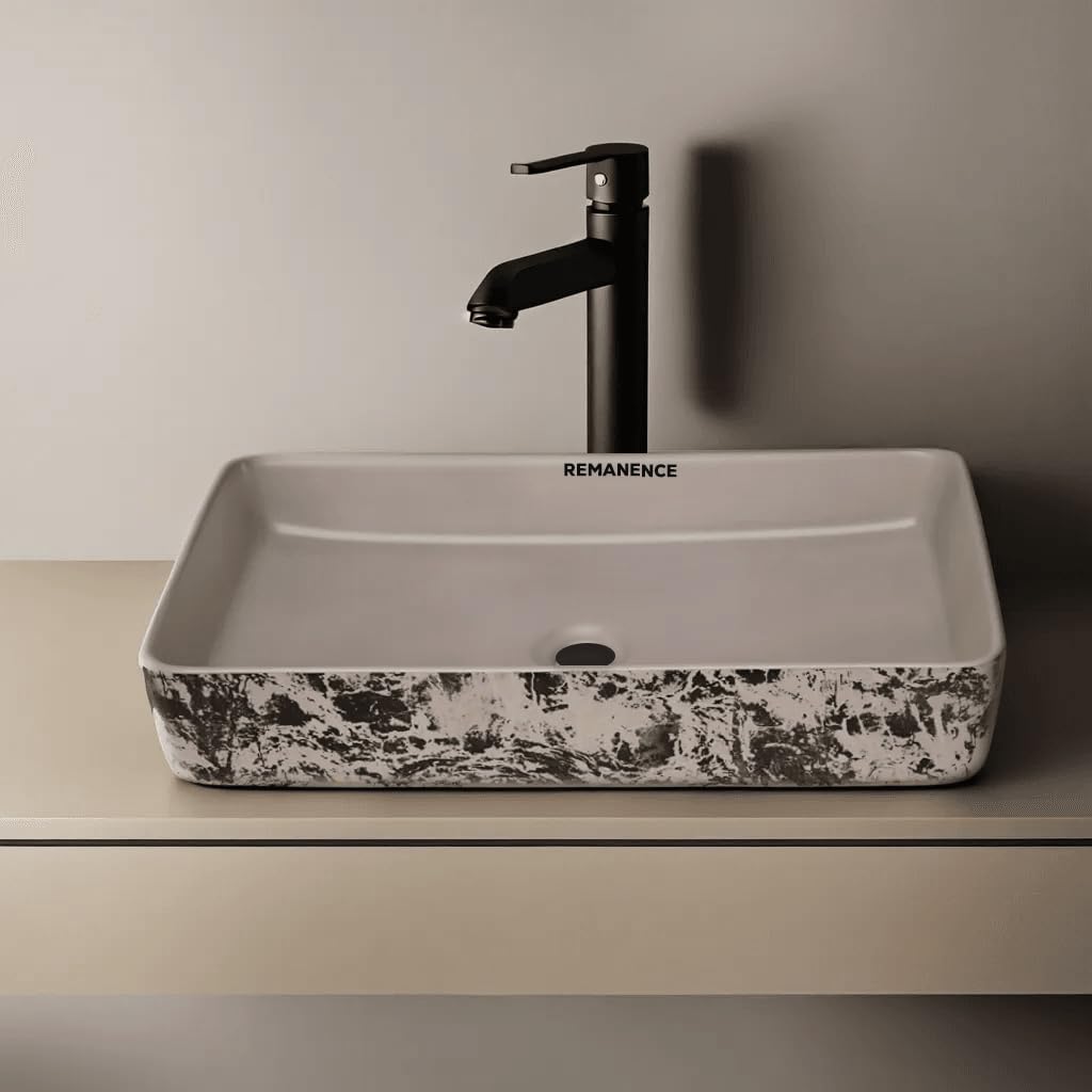REMANENCE Designer Ceramic Table Top Wash Basin For Bathroom (24 x 14 x 5 Inch) (Designer White N Black SL 52)