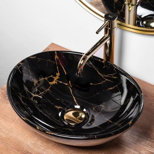 REMANENCE-OVAL Designer Countertop Wash Basin For Bathroom, Restaurant, Living Room (16 x 13 x 5.5 Inch) (Glossy Black & Gold)