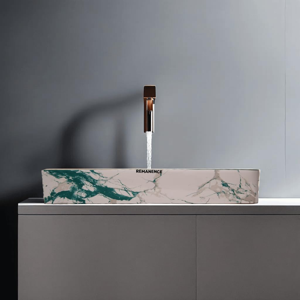 REMANENCE Designer Ceramic Table Top Wash Basin For Bathroom (24 x 14 x 5 Inch) (Designer Green N White SL 57)