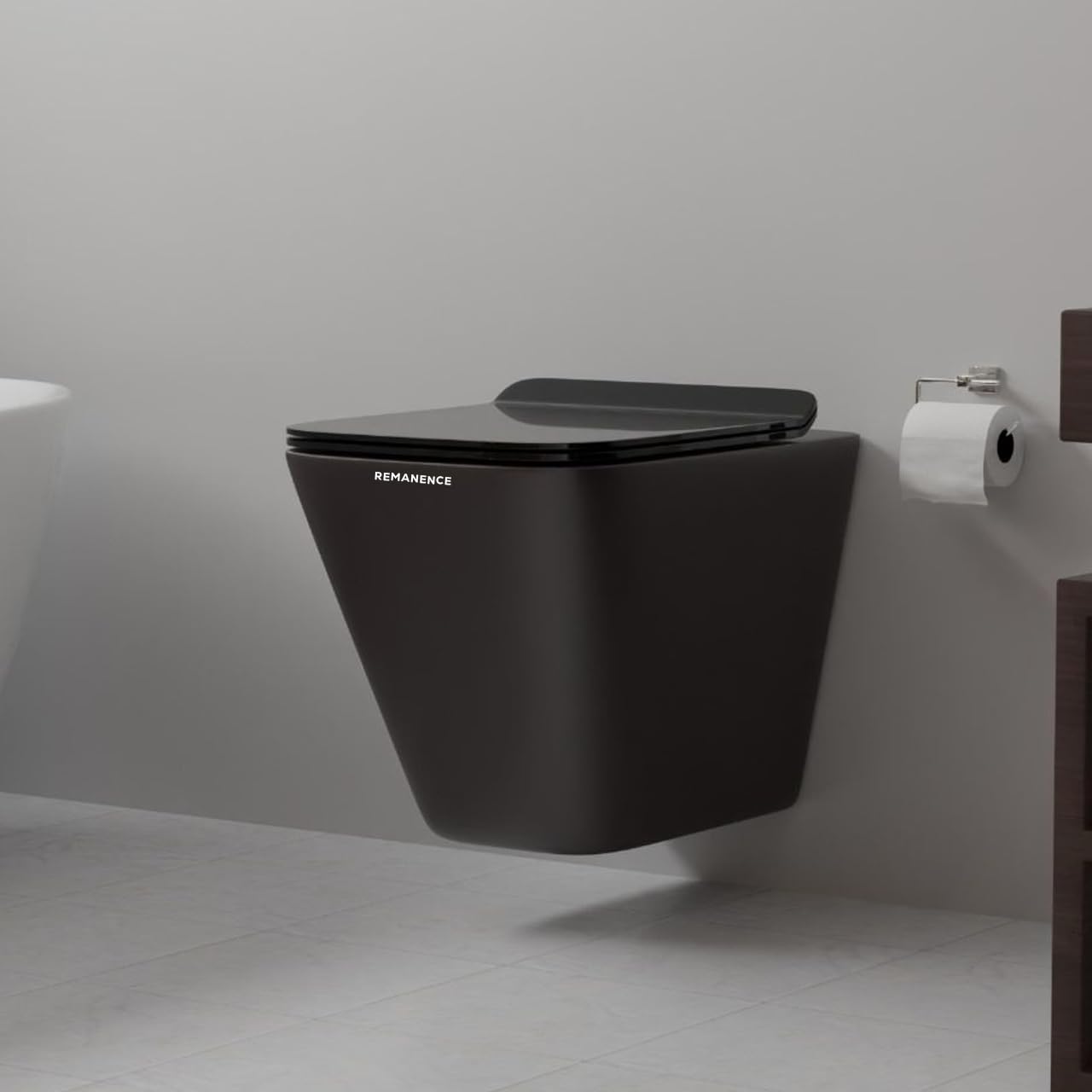REMANENCE-EUROPEAN Style Ceramic Wall Mount Commode for Bathrooms with Soft Close Seat Cover (Black)