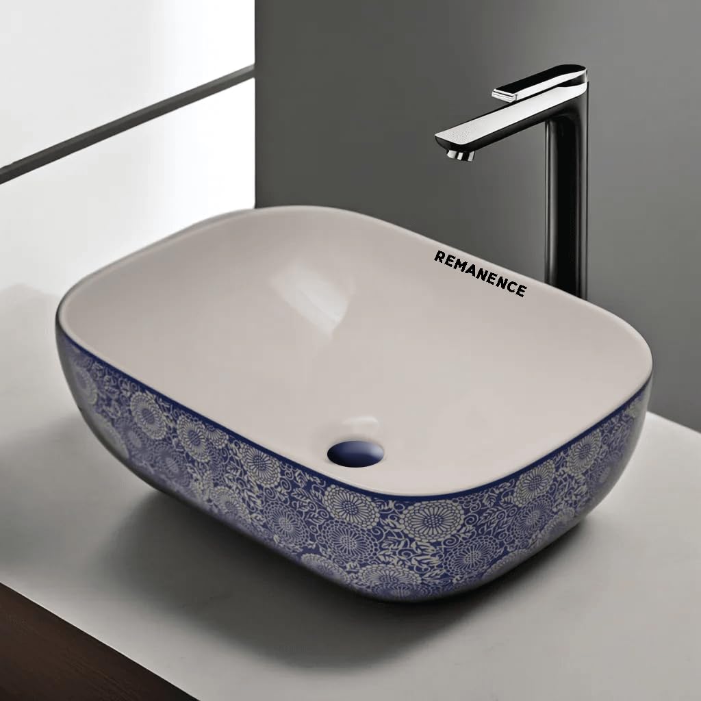 REMANENCE Premium Designer Table Top Wash Basin For Designer Bathrooms, Luxury Homes, Boutique Hotels (18 x 13 x 5.5 Inch) (AD 04 White N Blue)