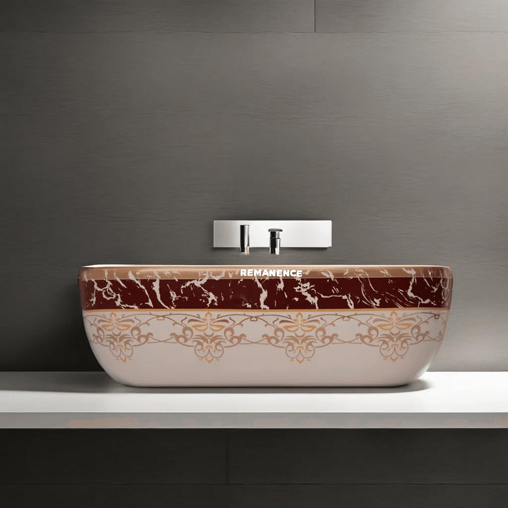 REMANENCE Premium Designer Table Top Wash Basin For Designer Bathrooms, Luxury Homes, Boutique Hotels (18 x 13 x 5.5 Inch) (AD 94 Moroccan White Maroon Design)