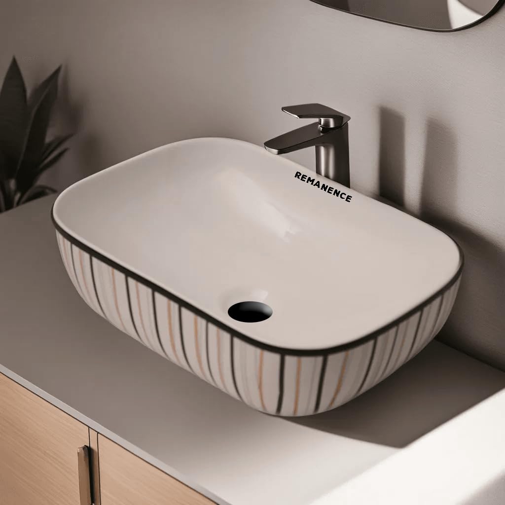 REMANENCE Premium Designer Table Top Wash Basin For Designer Bathrooms, Luxury Homes, Boutique Hotels (18 x 13 x 5.5 Inch) (AD 25 White N Multi)