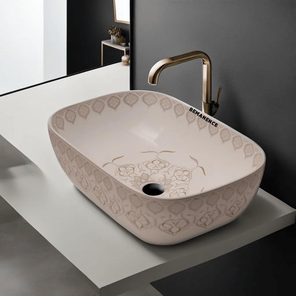 REMANENCE Premium Designer Table Top Wash Basin For Designer Bathrooms, Luxury Homes, Boutique Hotels (18 x 13 x 5.5 Inch) (AD 97 White N Light Grey)