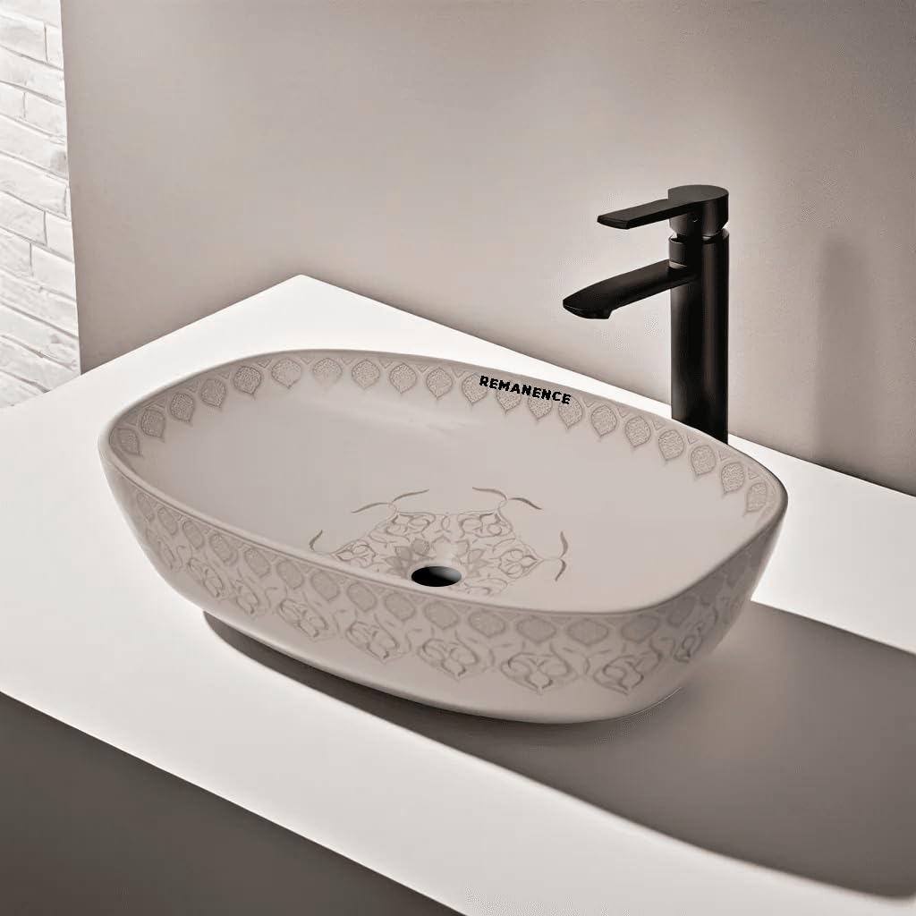 REMANENCE Designer Ceramic Table Top Wash Basin for Luxury Bathrooms, Premium Restaurants & Cafés, Boutique Hotels & Resorts, Showrooms & Offices (24 x 15 x 5 Inch) (Moroccan Design CL 94)