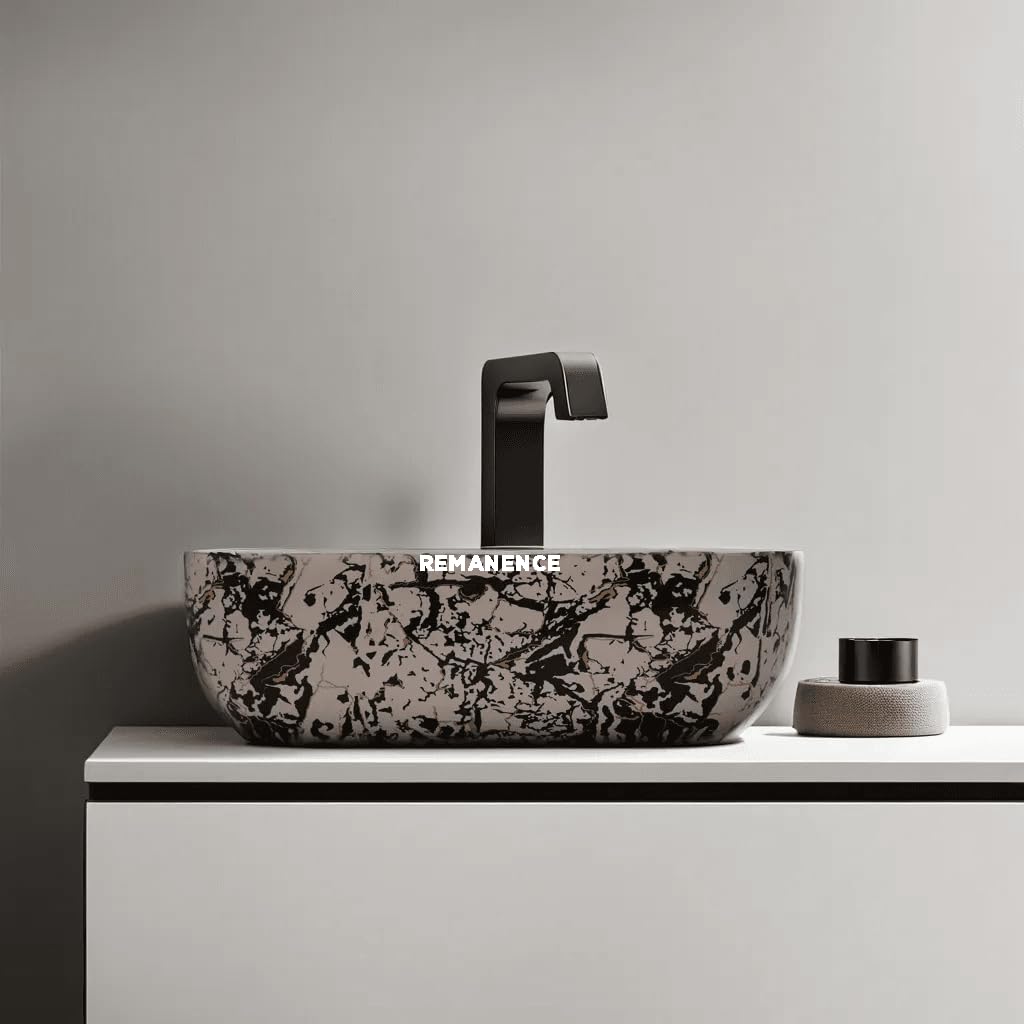 REMANENCE Premium Designer Table Top Wash Basin For Designer Bathrooms, Luxury Homes, Boutique Hotels (18 x 13 x 5.5 Inch) (AD 11 Designer White N Black)