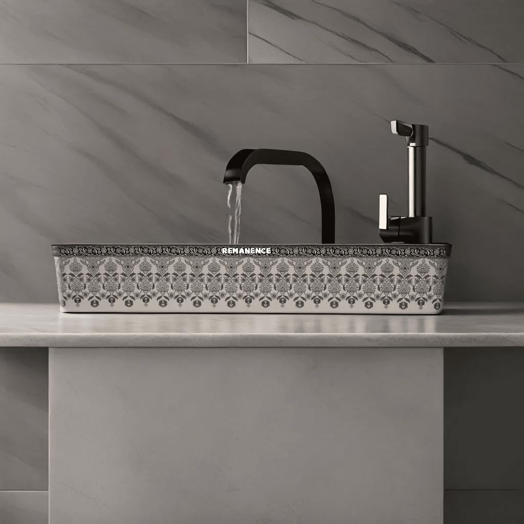 REMANENCE Designer Table Top Wash Basin For Bathroom (24 x 14 x 5 Inch) (Moroccan Design White N Black SL 91)