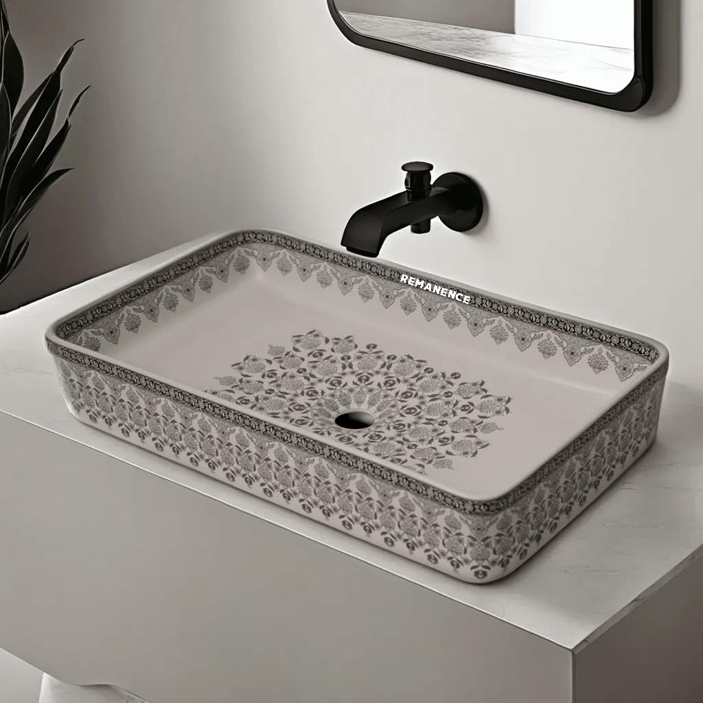 REMANENCE Designer Table Top Wash Basin For Bathroom (24 x 14 x 5 Inch) (Moroccan Design White N Black SL 91)