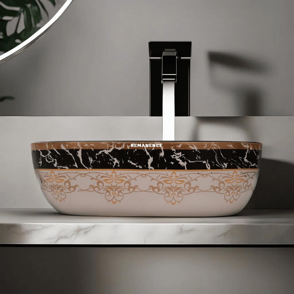 REMANENCE Premium Designer Table Top Wash Basin For Designer Bathrooms, Luxury Homes, Boutique Hotels (18 x 13 x 5.5 Inch) (AD 93 Moroccan White Black Design)