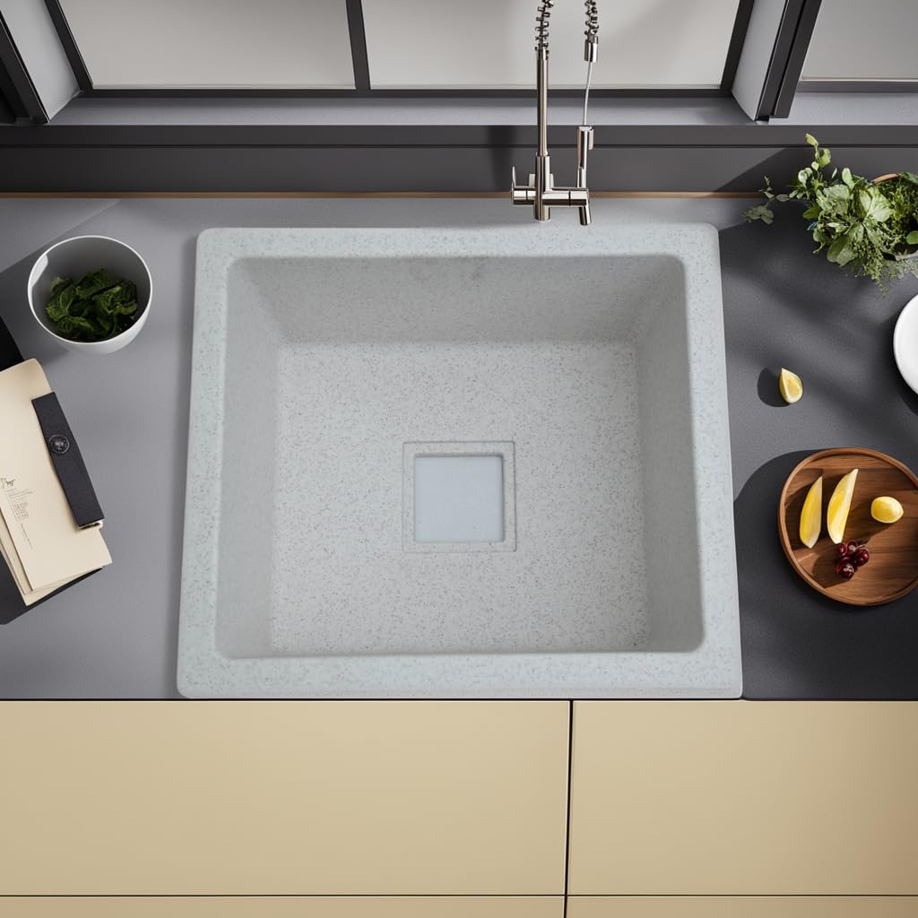 REMANENCE Granite Quartz Single Bowl Kitchen Sink With Drain Board (21 x 18 x 9 Inch)