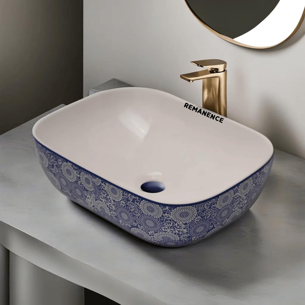 REMANENCE Premium Designer Table Top Wash Basin For Designer Bathrooms, Luxury Homes, Boutique Hotels (18 x 13 x 5.5 Inch) (AD 04 White N Blue)