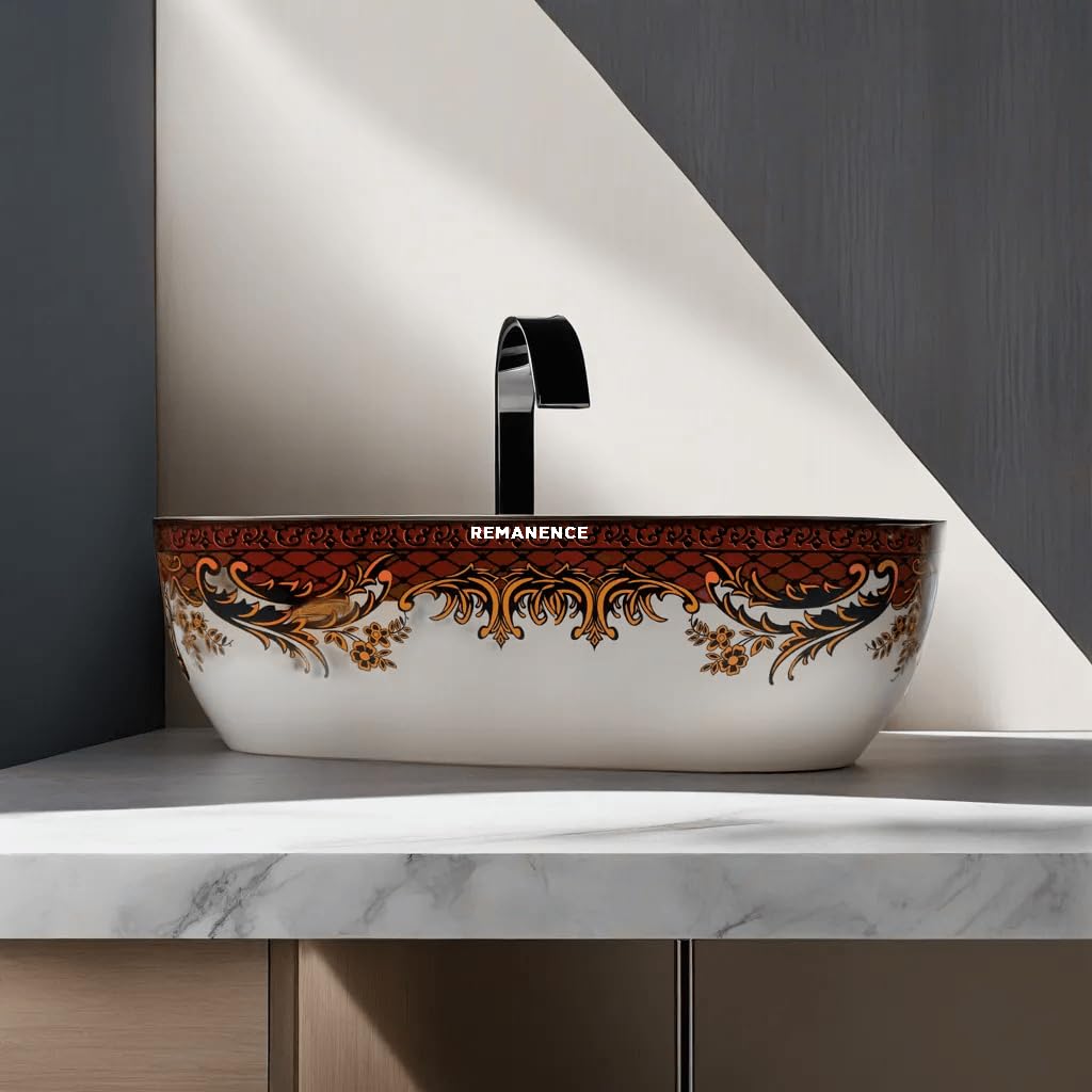REMANENCE Premium Designer Table Top Wash Basin For Designer Bathrooms, Luxury Homes, Boutique Hotels (18 x 13 x 5.5 Inch) (AD 96 Moroccan Brown Design)
