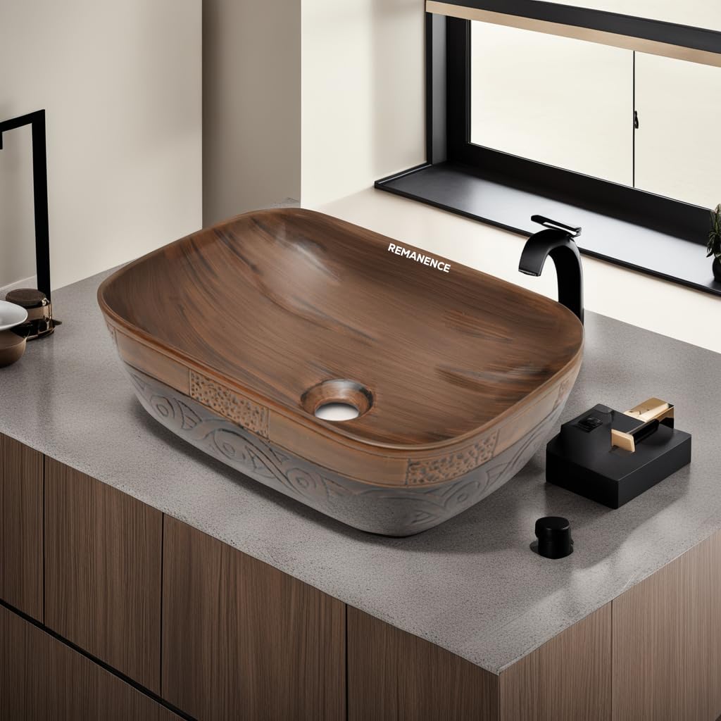 REMANENCE Premium Wooden Style Designer Table Top Wash Basin for Luxury Homes, Premium Restaurants & Cafés, Boutique Hotels & Resorts (18 x 13 x 5.5 Inch) (Wooden Style Basin 06)