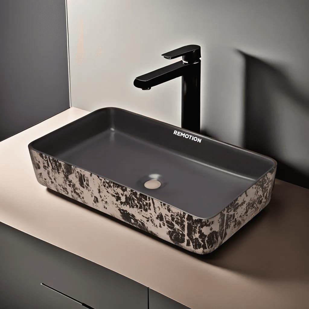 REMANENCE Designer Ceramic Table Top Wash Basin For Bathroom (24 x 14 x 5 Inch) (Designer Grey N White Black SL 53)