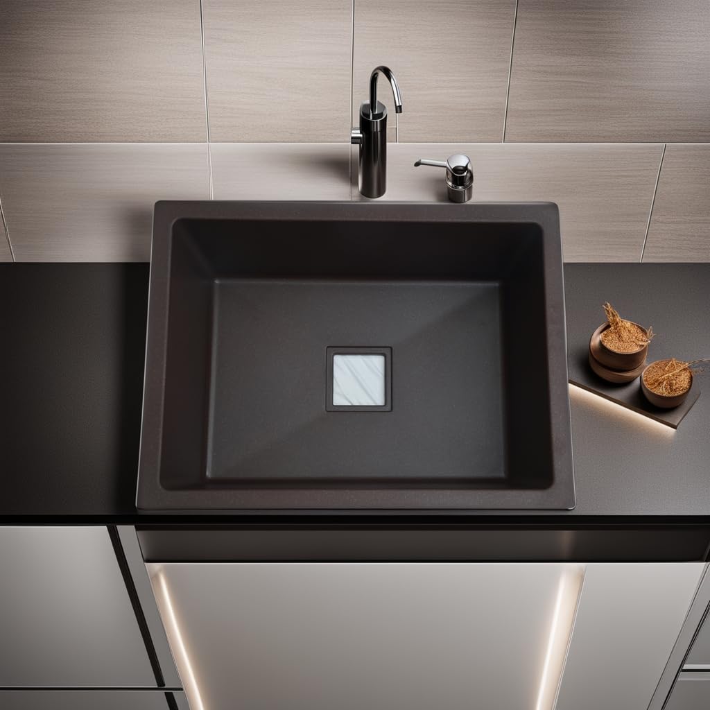 REMANENCE Granite Quartz Single Bowl Kitchen Sink With Drain Board (24 x 18 x 9 Inch)