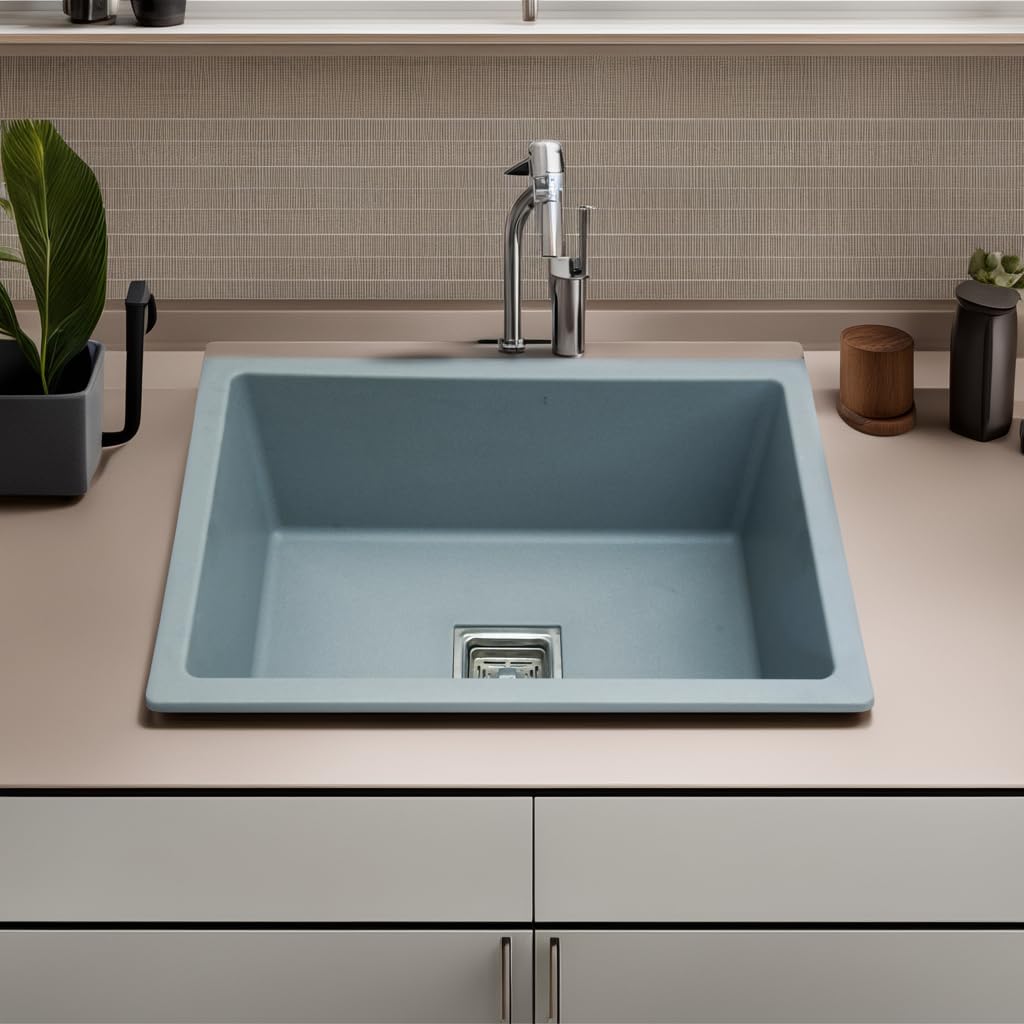 REMANENCE Granite Quartz Single Bowl Kitchen Sink With Drain Board (24 x 18 x 9 Inch)