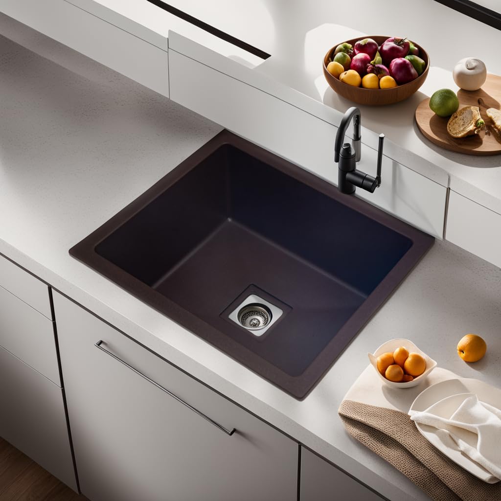REMANENCE Granite Quartz Single Bowl Kitchen Sink With Drain Board (21 x 18 x 9 Inch)
