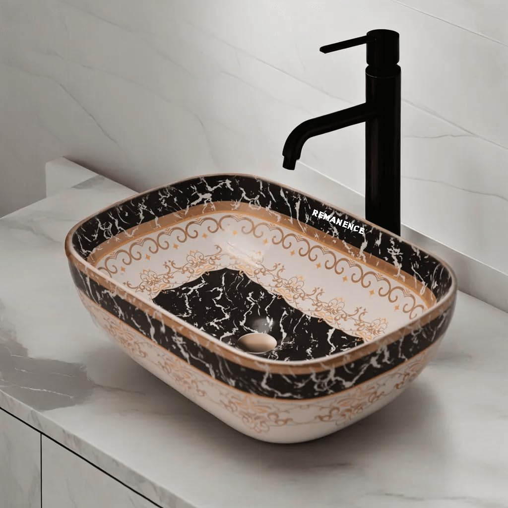 REMANENCE Premium Designer Table Top Wash Basin For Designer Bathrooms, Luxury Homes, Boutique Hotels (18 x 13 x 5.5 Inch) (AD 93 Moroccan White Black Design)