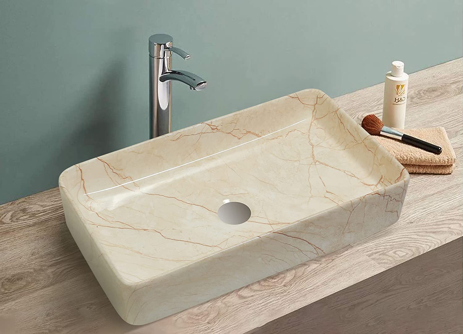 REMANENCE Designer Countertop Ceramic Wash Basin For Bathroom (24 x 14 x 5 Inch) (Cream Wash Basin)