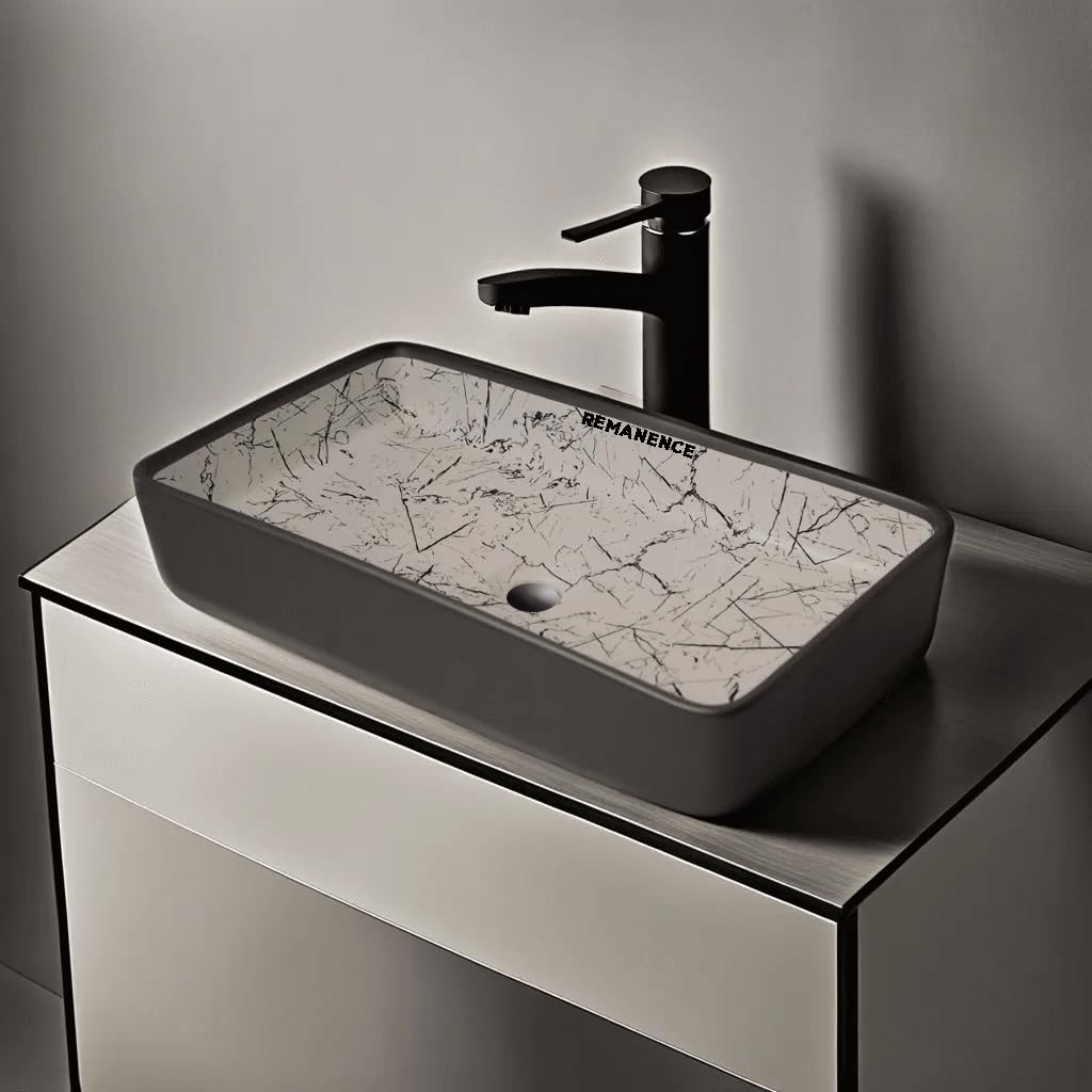 REMANENCE Designer Ceramic Table Top Wash Basin For Bathroom (24 x 14 x 5 Inch) (Designer Grey N White Stripe SL 62)