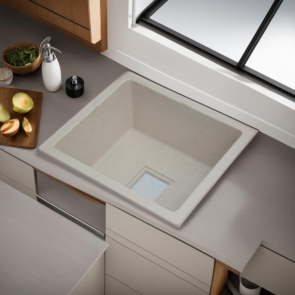 REMANENCE Granite Quartz Single Bowl Kitchen Sink With Drain Board (24 x 18 x 9 Inch)
