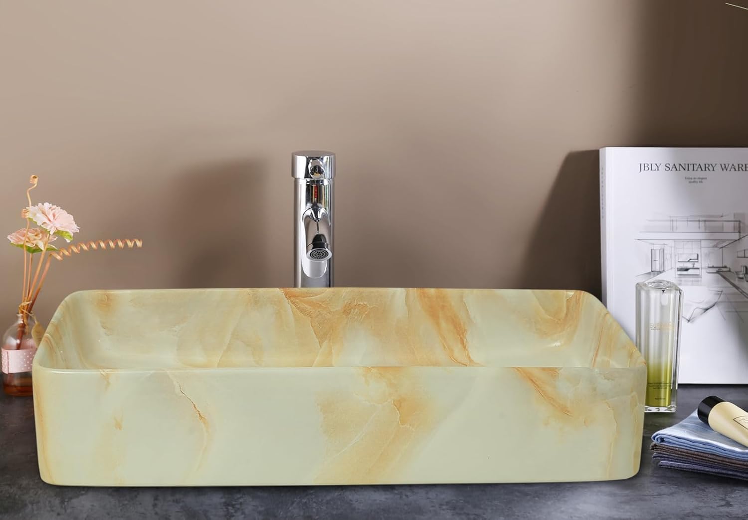 REMANENCE Designer Countertop Ceramic Wash Basin For Bathroom (24 x 14 x 5 Inch) (Designer White N Orange)