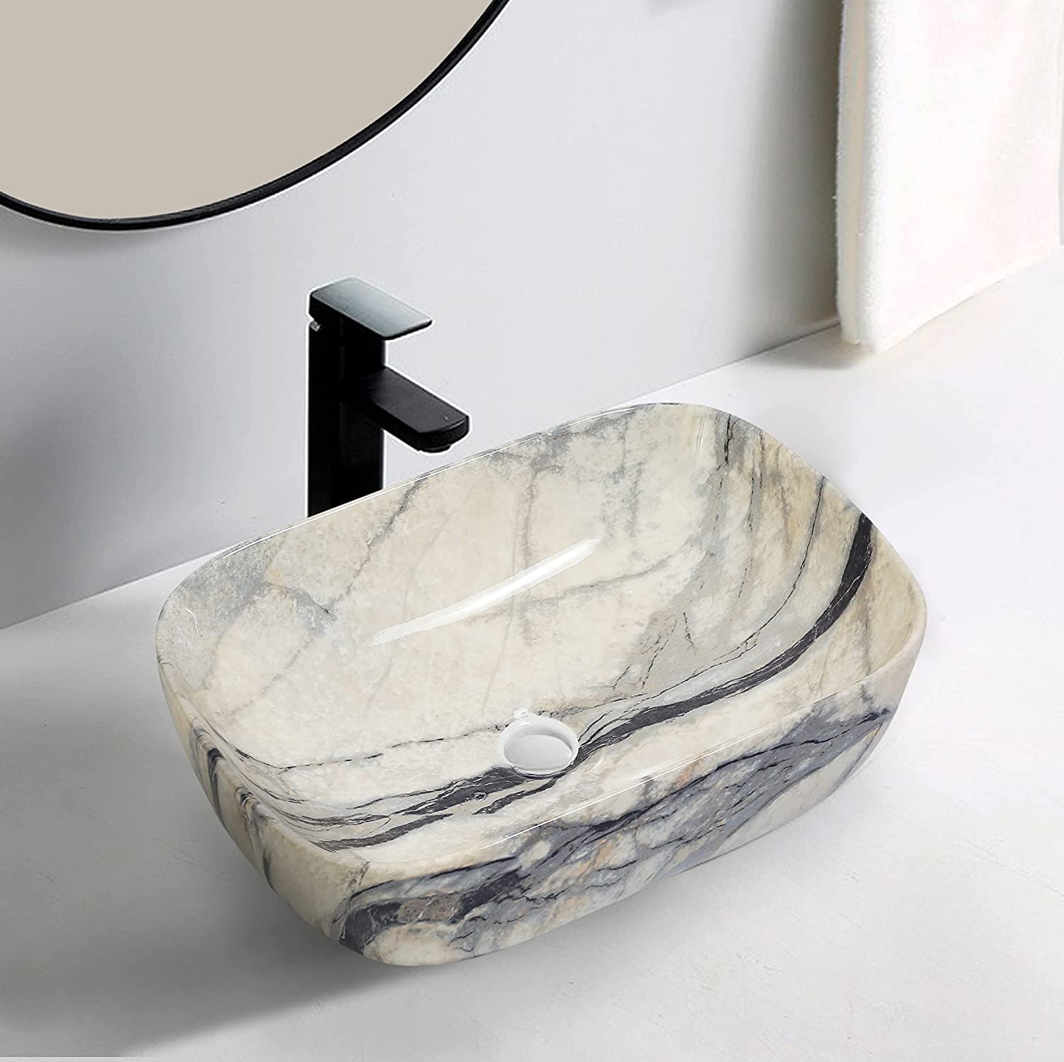 REMANENCE Designer Premium Table Top Wash Basin for Designer Showrooms, Fine-Dining Establishments, Upscale Hospitality Venues (18 x 13 x 5.5 Inch) (Cream-Black)
