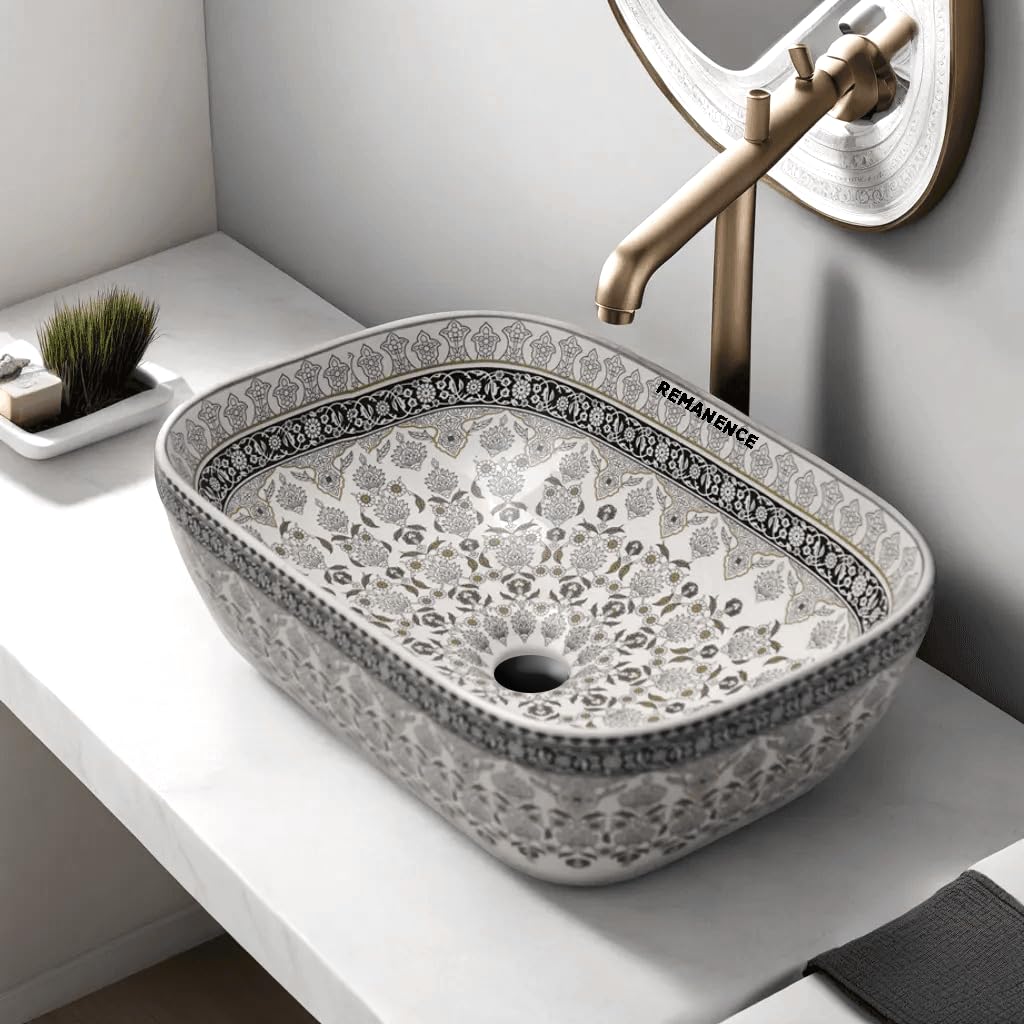 REMANENCE Premium Designer Table Top Wash Basin For Designer Bathrooms, Luxury Homes, Boutique Hotels (18 x 13 x 5.5 Inch) (AD 91 Moroccan Black Design)