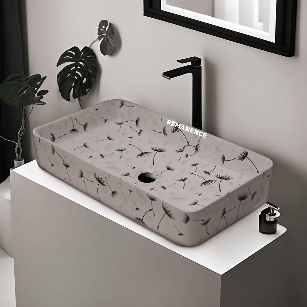 REMANENCE Designer Ceramic Table Top Wash Basin For Bathroom (24 x 14 x 5 Inch) (White N Black Flower SL 05)