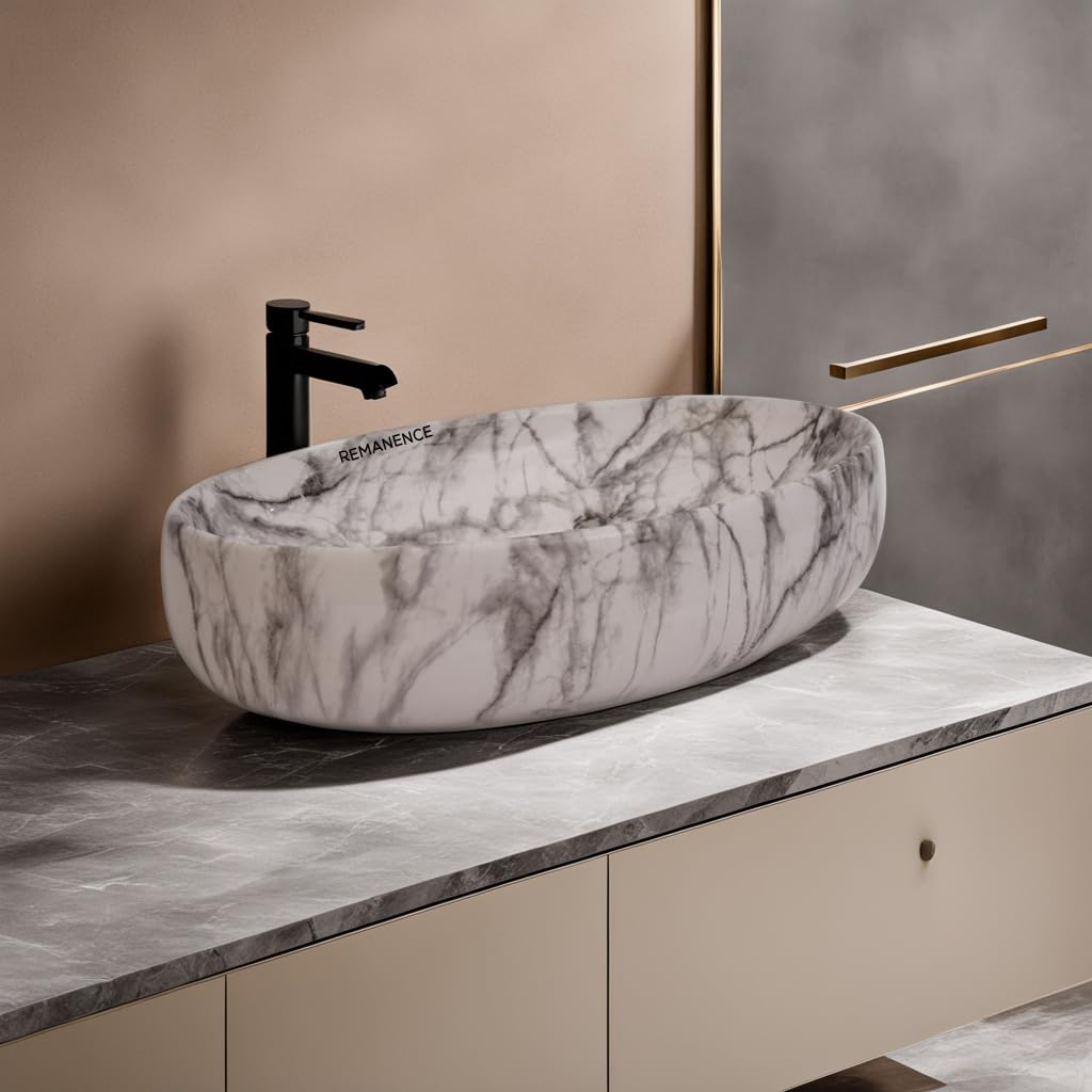 REMANENCE Ceramic Countertop Wash Basin for Designer Bathroom, Boutique Hotels, Luxury Homes (24 x 15 x 6 Inch) (White N Black Stripe)