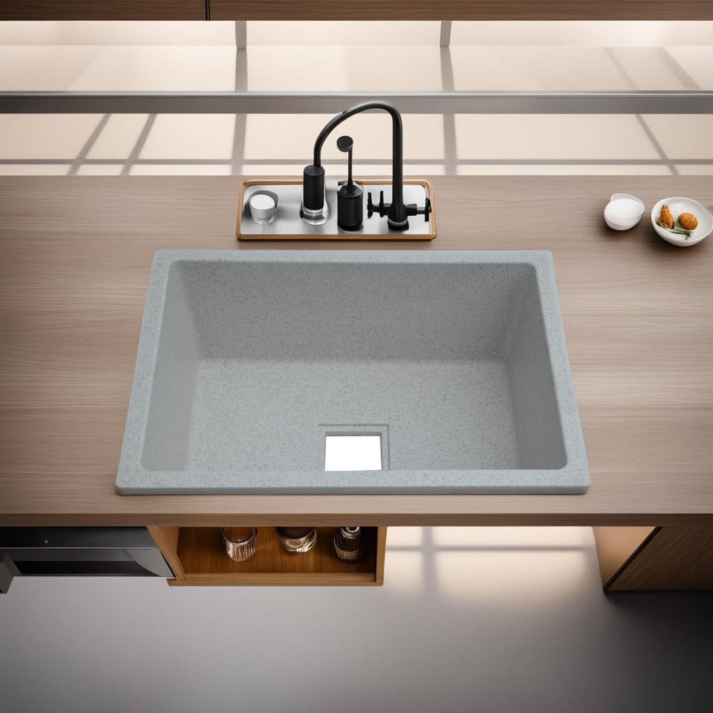 REMANENCE Granite Quartz Single Bowl Kitchen Sink With Drain Board (24 x 18 x 9 Inch)