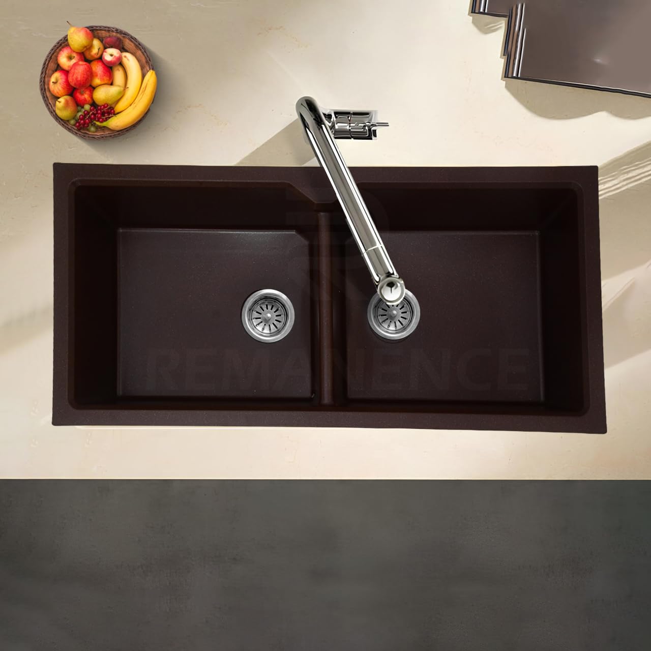 REMANENCE Granite Quartz Double Bowl Kitchen Sink With Drain Board (45 x 20 x 9 Inch) (Brown)