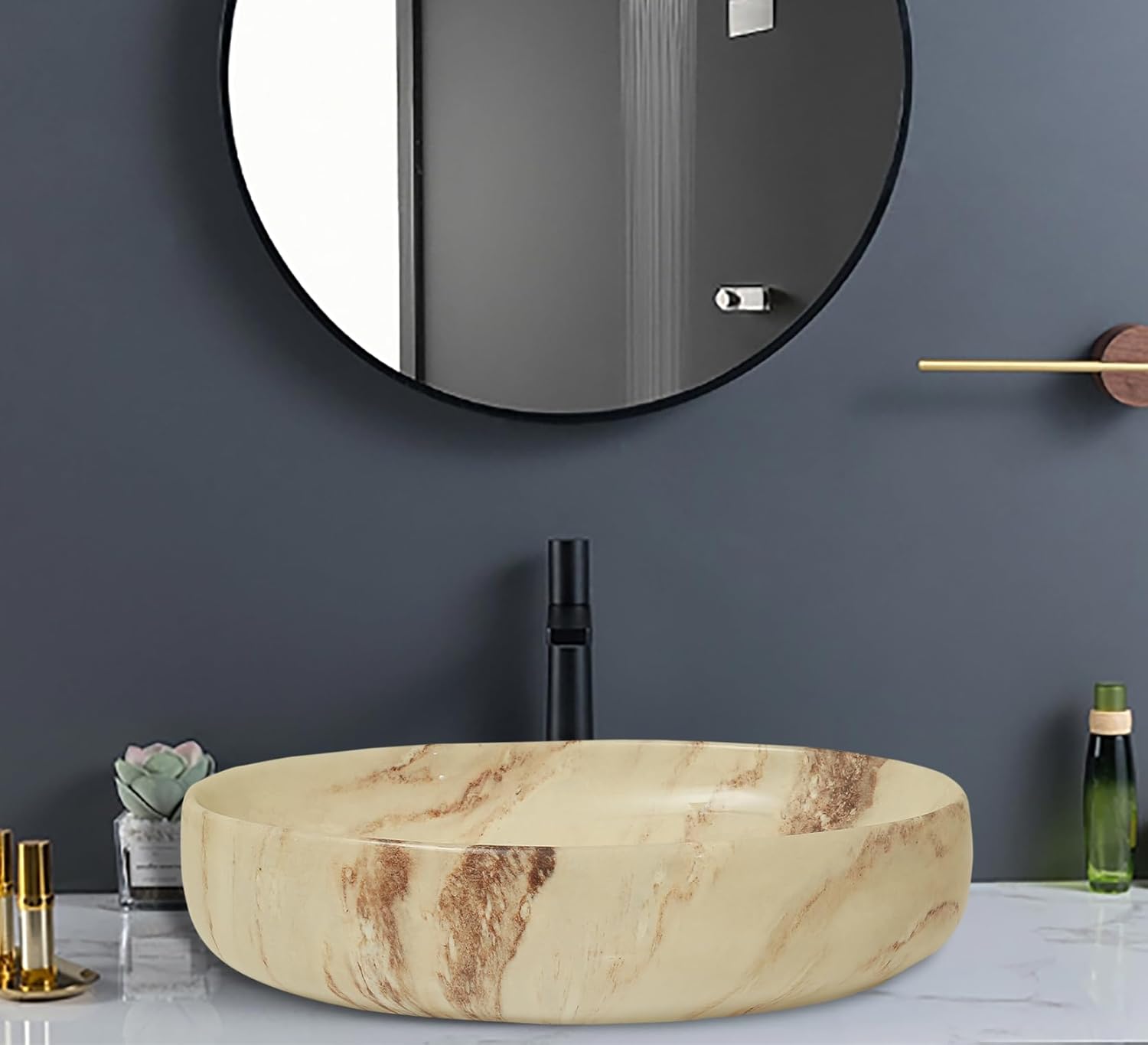 REMANENCE Ceramic Countertop Wash Basin for Designer Bathroom, Boutique Hotels, Luxury Homes (24 x 15 x 6 Inch) (Beige)