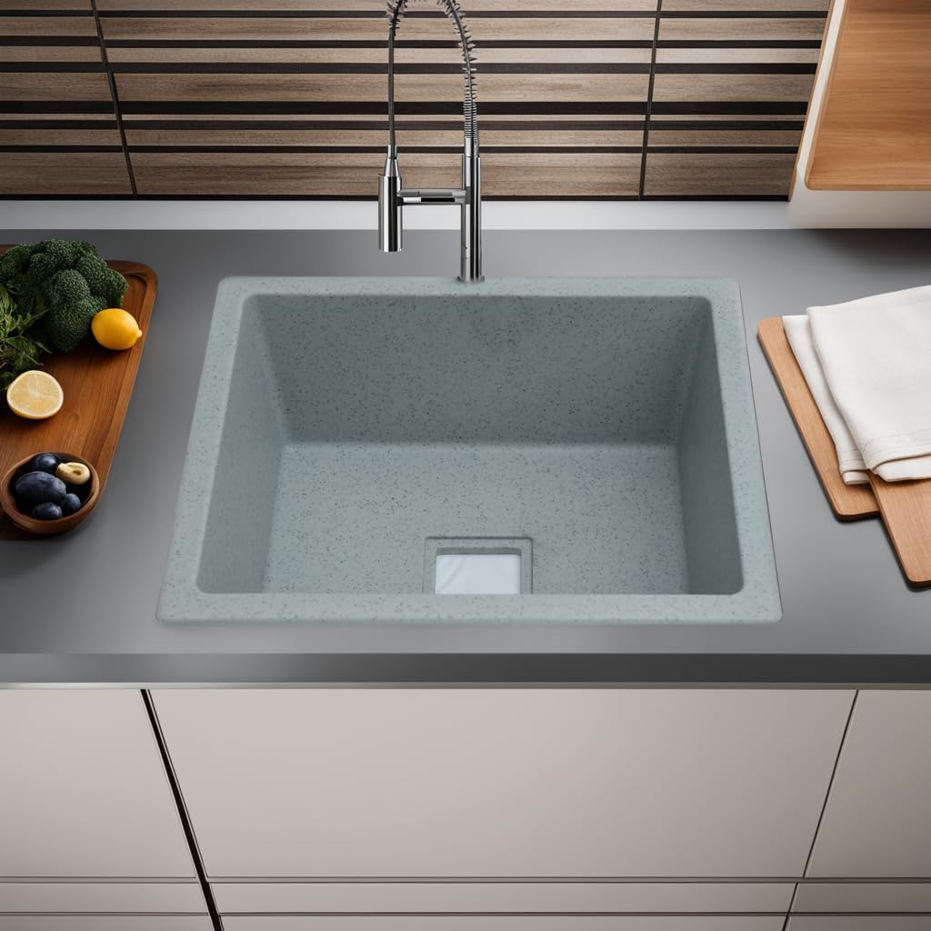 REMANENCE Granite Quartz Single Bowl Kitchen Sink With Drain Board (21 x 18 x 9 Inch)