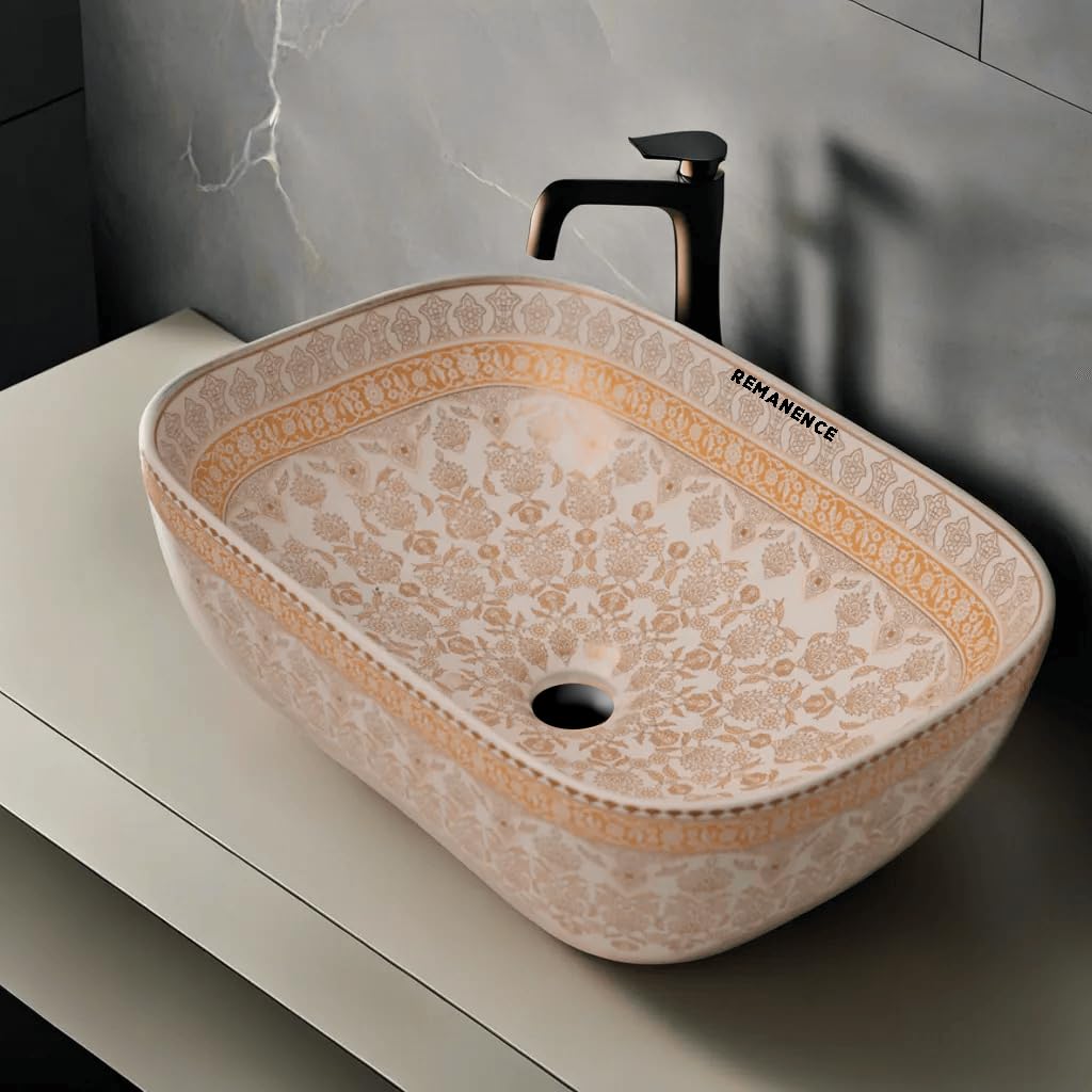 REMANENCE Premium Designer Table Top Wash Basin For Designer Bathrooms, Luxury Homes, Boutique Hotels (18 x 13 x 5.5 Inch) (AD 92 Moroccan Gold-Yellow Design)