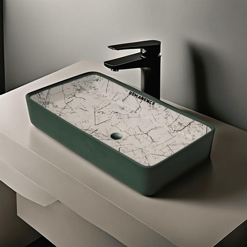 REMANENCE Designer Ceramic Table Top Wash Basin For Bathroom (24 x 14 x 5 Inch) (Deigner Matte Green Stripe SL 65)