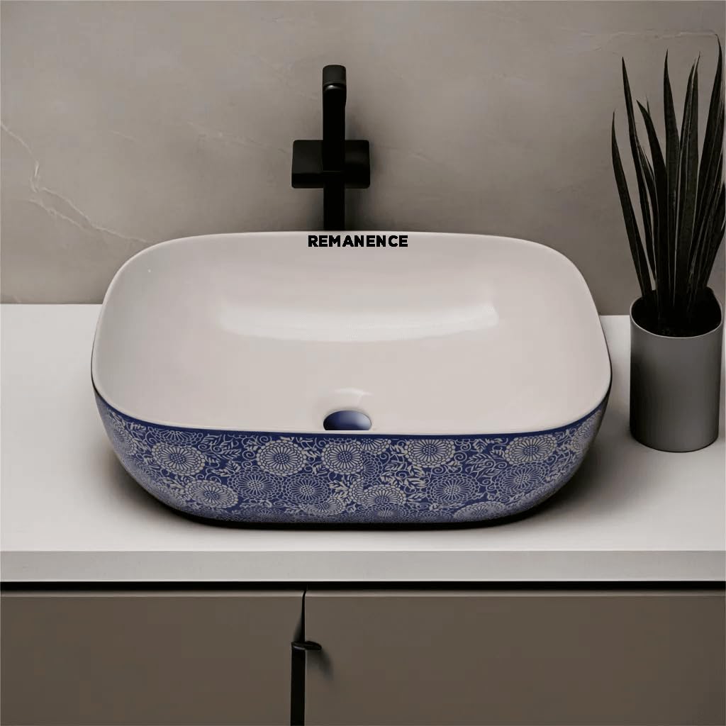 REMANENCE Premium Designer Table Top Wash Basin For Designer Bathrooms, Luxury Homes, Boutique Hotels (18 x 13 x 5.5 Inch) (AD 04 White N Blue)