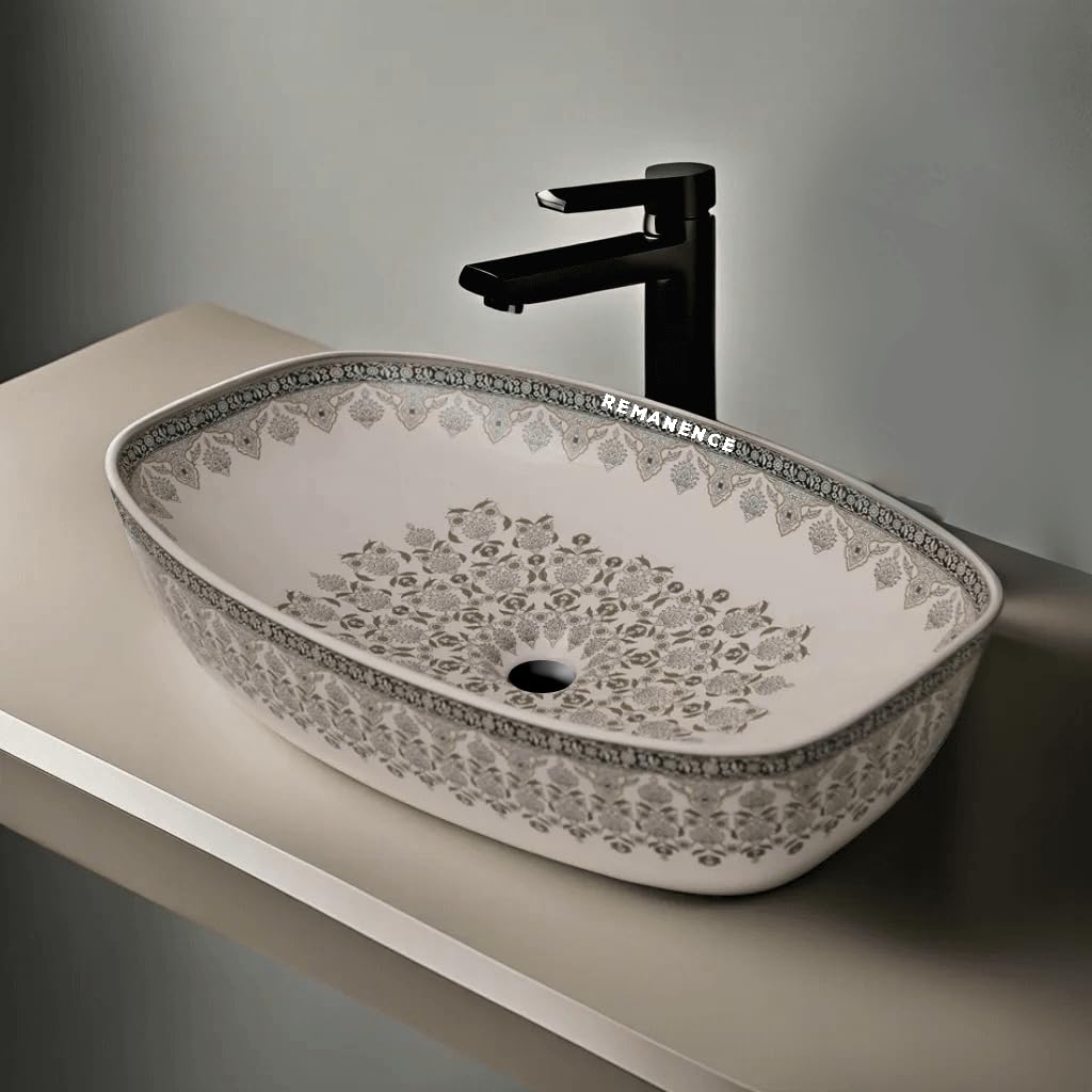 REMANENCE Designer Ceramic Table Top Wash Basin for Luxury Bathrooms, Premium Restaurants & Cafés, Boutique Hotels & Resorts, Showrooms & Offices (24 x 15 x 5 Inch) (Moroccan Design CL 91)