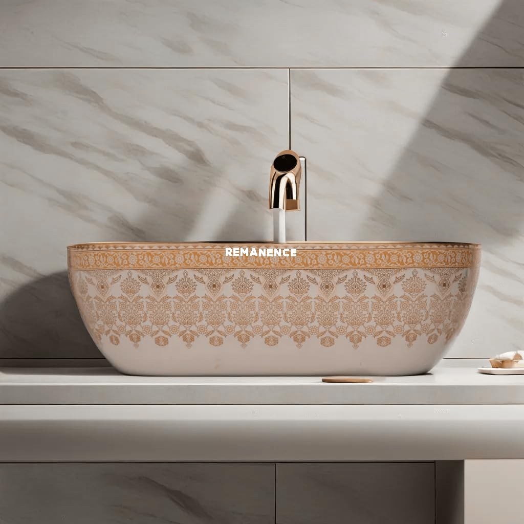 REMANENCE Premium Designer Table Top Wash Basin For Designer Bathrooms, Luxury Homes, Boutique Hotels (18 x 13 x 5.5 Inch) (AD 92 Moroccan Gold-Yellow Design)