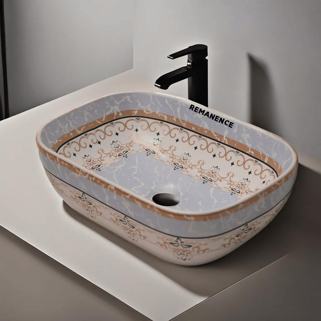 REMANENCE Premium Designer Table Top Wash Basin For Designer Bathrooms, Luxury Homes, Boutique Hotels (18 x 13 x 5.5 Inch) (AD 95 Moroccan White Blue Design)