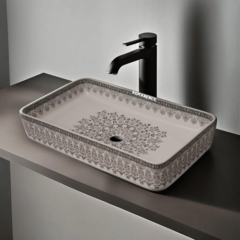 REMANENCE Designer Table Top Wash Basin For Bathroom (24 x 14 x 5 Inch) (Moroccan Design White N Black SL 91)