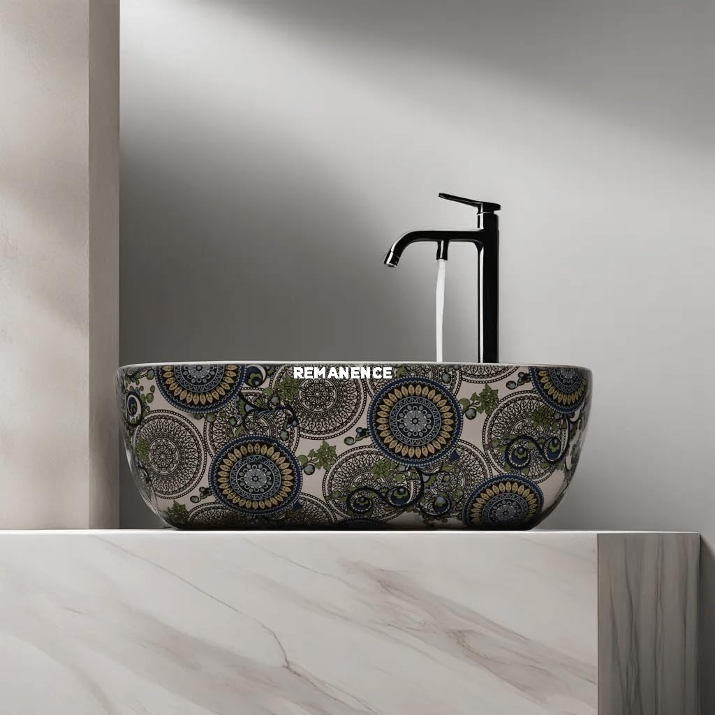 REMANENCE Premium Designer Table Top Wash Basin For Designer Bathrooms, Luxury Homes, Boutique Hotels (18 x 13 x 5.5 Inch) (AD 01 White N Green)