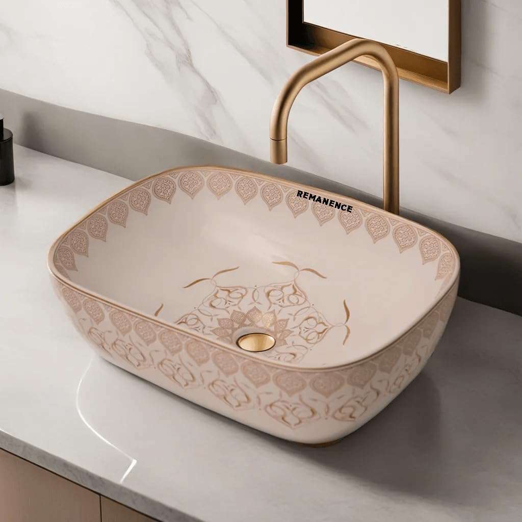 REMANENCE Premium Designer Table Top Wash Basin For Designer Bathrooms, Luxury Homes, Boutique Hotels (18 x 13 x 5.5 Inch) (AD 98 Moroccan Gold-Yellow Design)