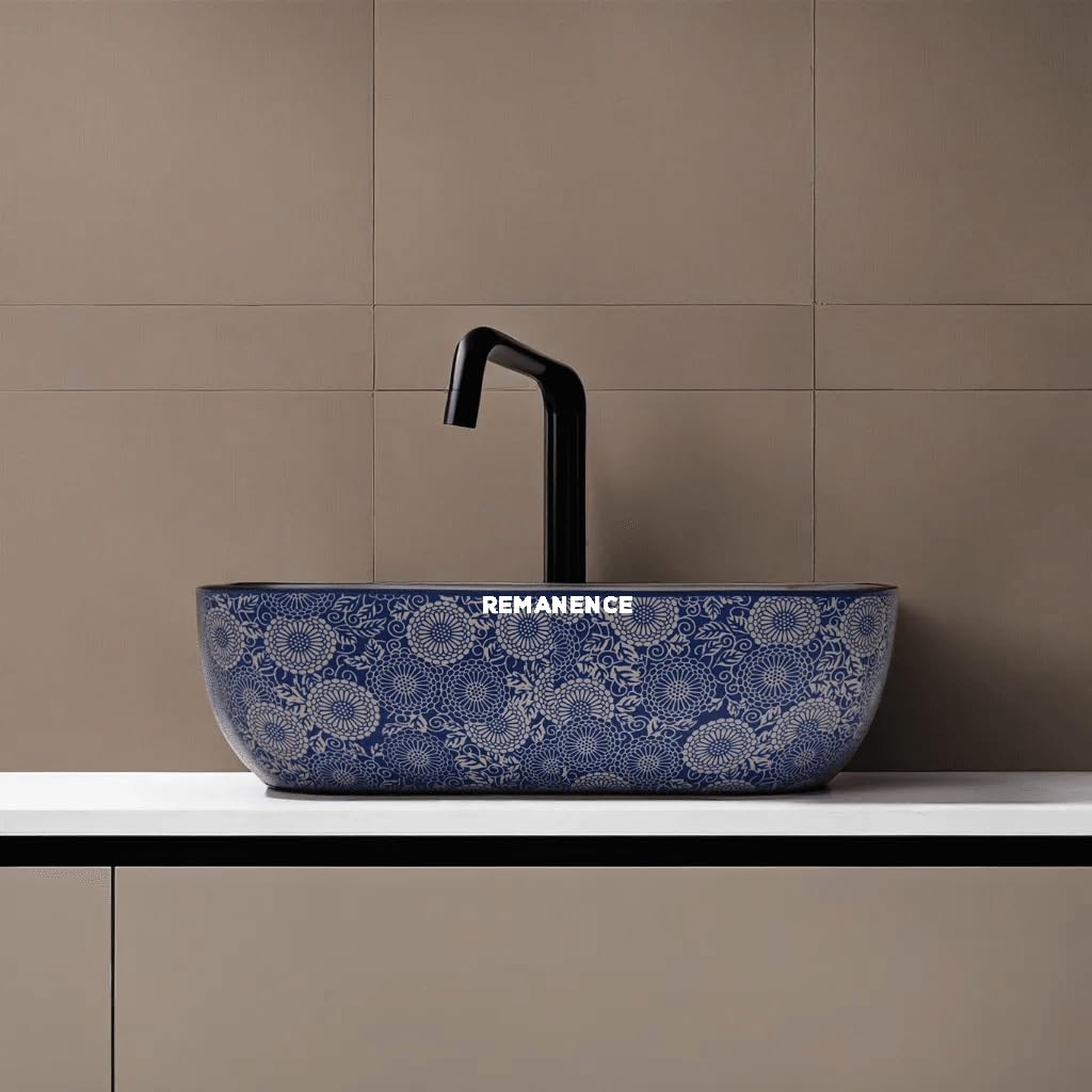 REMANENCE Premium Designer Table Top Wash Basin For Designer Bathrooms, Luxury Homes, Boutique Hotels (18 x 13 x 5.5 Inch) (AD 04 White N Blue)