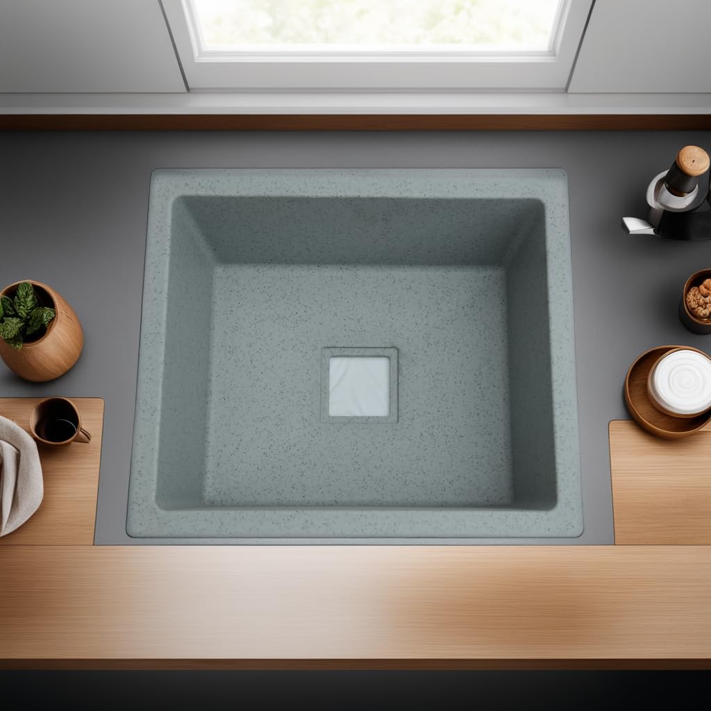 REMANENCE Granite Quartz Single Bowl Kitchen Sink With Drain Board (21 x 18 x 9 Inch)