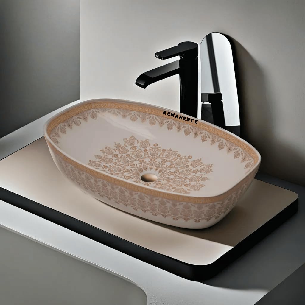 REMANENCE Designer Ceramic Table Top Wash Basin for Luxury Bathrooms, Premium Restaurants & Cafés, Boutique Hotels & Resorts, Showrooms & Offices (24 x 15 x 5 Inch) (Moroccan Design CL 92)