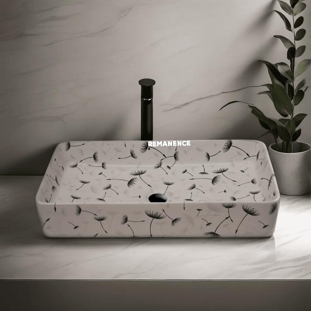 REMANENCE Designer Ceramic Table Top Wash Basin For Bathroom (24 x 14 x 5 Inch) (White N Black Flower SL 05)