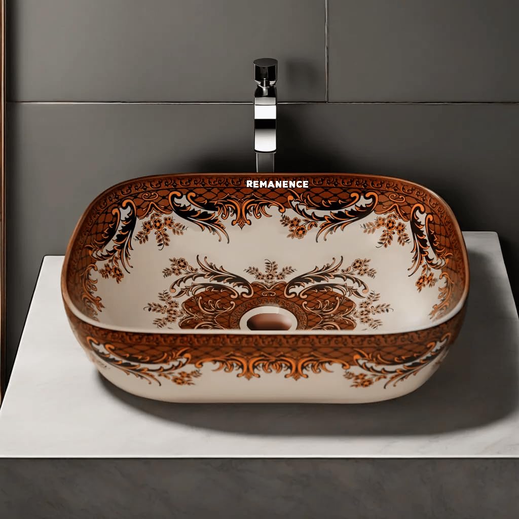 REMANENCE Premium Designer Table Top Wash Basin For Designer Bathrooms, Luxury Homes, Boutique Hotels (18 x 13 x 5.5 Inch) (AD 96 Moroccan Brown Design)