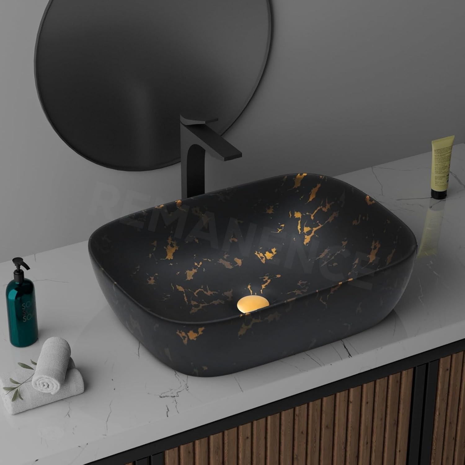 REMANENCE Premium Ceramic Countertop Wash Basin for Premium Restaurants & Cafés, Luxury Bathrooms, Showrooms & Offices (18 x 13 x 5.5 Inch) (Matte Black Golden Design)