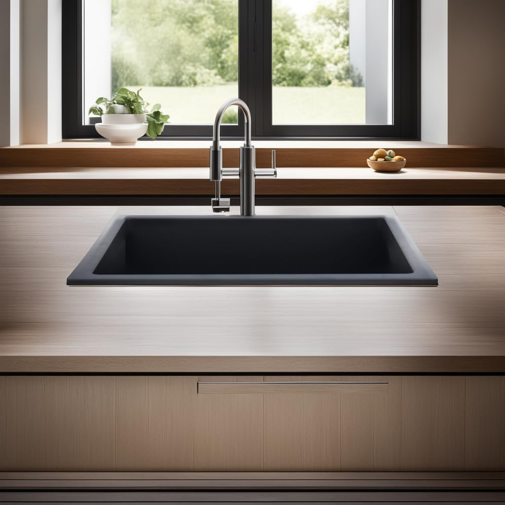REMANENCE Granite Quartz Single Bowl Kitchen Sink With Drain Board (21 x 18 x 9 Inch)